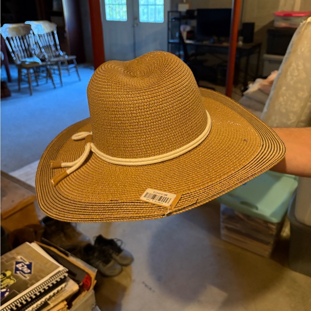 Stylish Tan Straw Hat with White Band